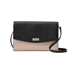 Kate Spade New York Saffiano Leather Wallet on a Chain Crossbody Bag Black Beige